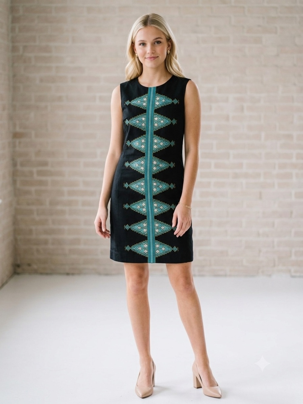 Anthropologie Tabitha Black Shift Dress with Teal Embroidered Center Size 6